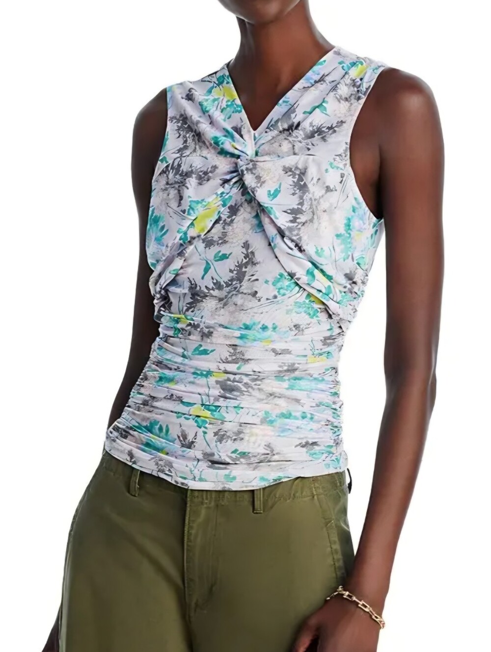 cinq a sept Aniya Floral Twist-Front Ruched Tank — Pastel Multi